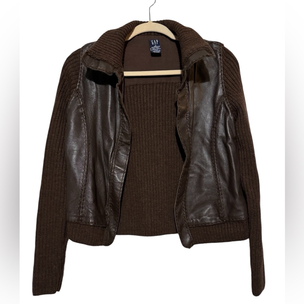GAP Vintage Y2K Brown Merino Wool Genuine Leather Sweater Cardigan Jacket Small